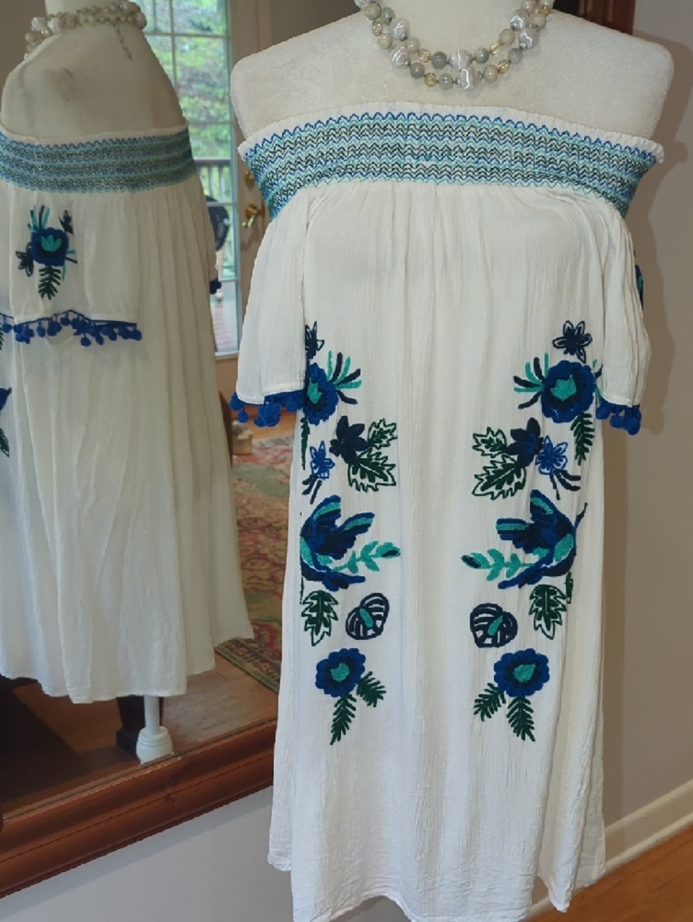 White Off-Shoulder Midi Dress with Blue & Green Embroidery - Picture 7 of 10